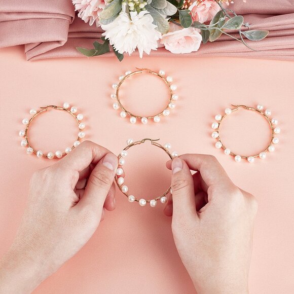 NWOT Extra Large wire wrapped Natural Pearls On Stainless Steel Hoops - Picture 5 of 7